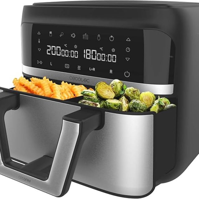 Freidora Cosori Twinfry con doble cesta, 10L, Wi-Fi y control por voz en uso en cocina